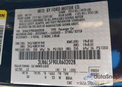 2020 Lincoln Mkz Reserve из США, поврежденный, VIN 3LN6L5F90LR602028